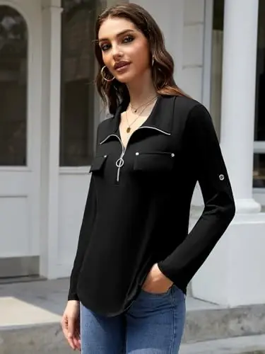 Bulotus Womens 3/4 Sleeve Tops Plus Size V Neck Zipper Business Casual Blouses for Office & Going Out Soft Knit Tunics, M-3XL - 2