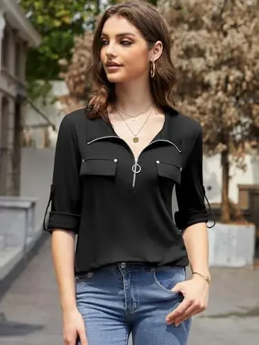 Bulotus Womens 3/4 Sleeve Tops Plus Size V Neck Zipper Business Casual Blouses for Office & Going Out Soft Knit Tunics, M-3XL - 3