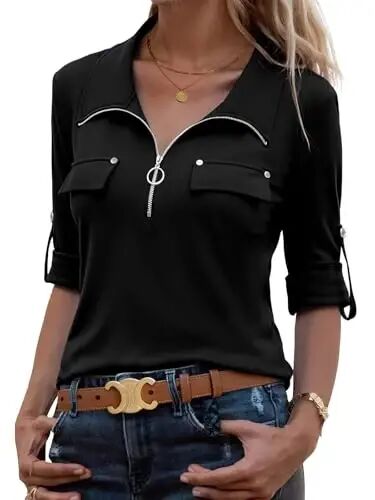 Bulotus Womens 3/4 Sleeve Tops Plus Size V Neck Zipper Business Casual Blouses for Office & Going Out Soft Knit Tunics, M-3XL - 1