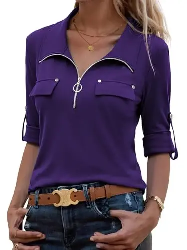 Bulotus Womens 3/4 Sleeve Tops Plus Size V Neck Zipper Business Casual Blouses for Office & Going Out Soft Knit Tunics, M-3XL - 1