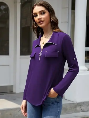 Bulotus Womens 3/4 Sleeve Tops Plus Size V Neck Zipper Business Casual Blouses for Office & Going Out Soft Knit Tunics, M-3XL - BULOTUS (1)