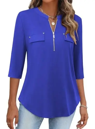 Bulotus Womens 3/4 Sleeve Tops Plus Size V Neck Zipper Business Casual Blouses for Office & Going Out Soft Knit Tunics, M-3XL - 1