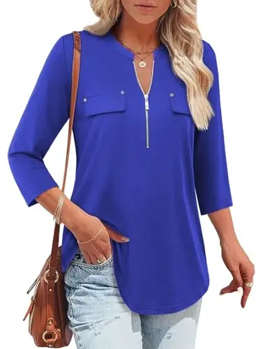 Bulotus Womens 3/4 Sleeve Tops Plus Size V Neck Zipper Business Casual Blouses for Office & Going Out Soft Knit Tunics, M-3XL - BULOTUS (1)