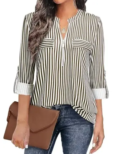 Bulotus Womens 3/4 Sleeve Tops Plus Size V Neck Zipper Business Casual Blouses for Office & Going Out Soft Knit Tunics, M-3XL - 1