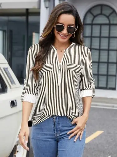 Bulotus Womens 3/4 Sleeve Tops Plus Size V Neck Zipper Business Casual Blouses for Office & Going Out Soft Knit Tunics, M-3XL - 3