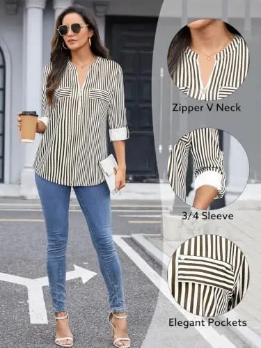 Bulotus Womens 3/4 Sleeve Tops Plus Size V Neck Zipper Business Casual Blouses for Office & Going Out Soft Knit Tunics, M-3XL - 5