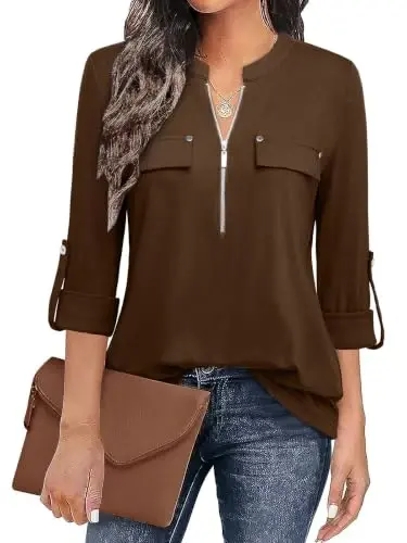 Bulotus Womens 3/4 Sleeve Tops Plus Size V Neck Zipper Business Casual Blouses for Office & Going Out Soft Knit Tunics, M-3XL - 1