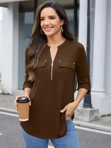 Bulotus Womens 3/4 Sleeve Tops Plus Size V Neck Zipper Business Casual Blouses for Office & Going Out Soft Knit Tunics, M-3XL - BULOTUS (1)