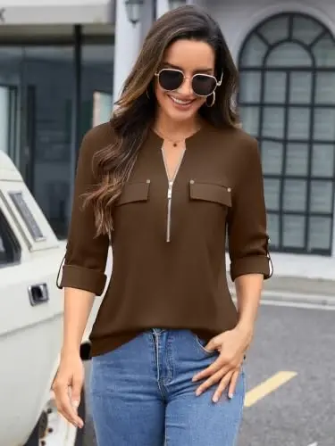 Bulotus Womens 3/4 Sleeve Tops Plus Size V Neck Zipper Business Casual Blouses for Office & Going Out Soft Knit Tunics, M-3XL - 3
