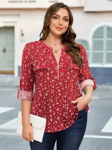 Bulotus Womens 3/4 Sleeve Tops Plus Size V Neck Zipper Business Casual Blouses for Office & Going Out Soft Knit Tunics, M-3XL - 2