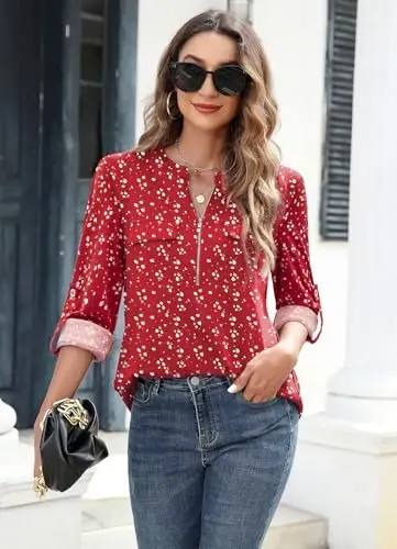 Bulotus Womens 3/4 Sleeve Tops Plus Size V Neck Zipper Business Casual Blouses for Office & Going Out Soft Knit Tunics, M-3XL - 3