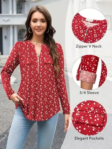 Bulotus Womens 3/4 Sleeve Tops Plus Size V Neck Zipper Business Casual Blouses for Office & Going Out Soft Knit Tunics, M-3XL - 4