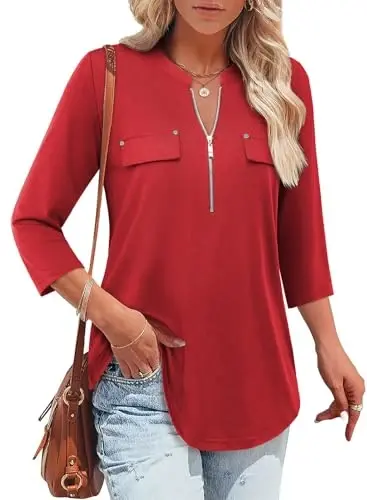 Bulotus Womens 3/4 Sleeve Tops Plus Size V Neck Zipper Business Casual Blouses for Office & Going Out Soft Knit Tunics, M-3XL - 1