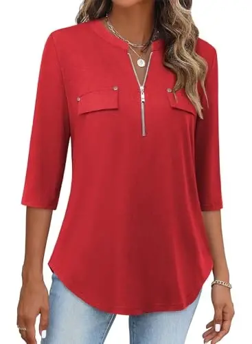 Bulotus Womens 3/4 Sleeve Tops Plus Size V Neck Zipper Business Casual Blouses for Office & Going Out Soft Knit Tunics, M-3XL - BULOTUS (1)