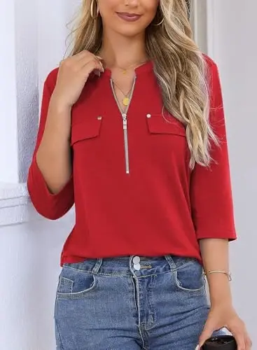 Bulotus Womens 3/4 Sleeve Tops Plus Size V Neck Zipper Business Casual Blouses for Office & Going Out Soft Knit Tunics, M-3XL - 3
