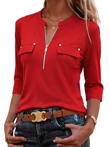 Bulotus Womens 3/4 Sleeve Tops Plus Size V Neck Zipper Business Casual Blouses for Office & Going Out Soft Knit Tunics, M-3XL - 4