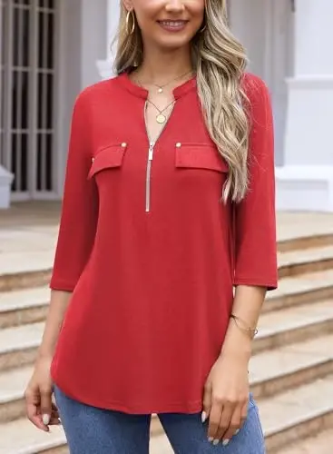 Bulotus Womens 3/4 Sleeve Tops Plus Size V Neck Zipper Business Casual Blouses for Office & Going Out Soft Knit Tunics, M-3XL - 5