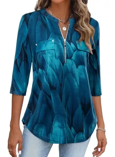 Bulotus Womens 3/4 Sleeve Tops Plus Size V Neck Zipper Business Casual Blouses for Office & Going Out Soft Knit Tunics, M-3XL - 1