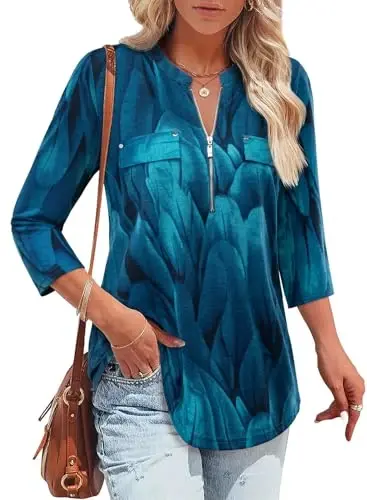 Bulotus Womens 3/4 Sleeve Tops Plus Size V Neck Zipper Business Casual Blouses for Office & Going Out Soft Knit Tunics, M-3XL - BULOTUS (1)