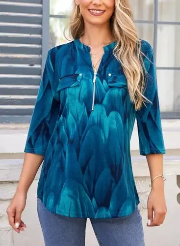 Bulotus Womens 3/4 Sleeve Tops Plus Size V Neck Zipper Business Casual Blouses for Office & Going Out Soft Knit Tunics, M-3XL - 3