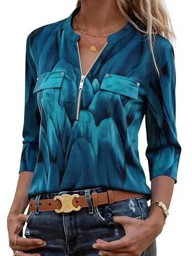 Bulotus Womens 3/4 Sleeve Tops Plus Size V Neck Zipper Business Casual Blouses for Office & Going Out Soft Knit Tunics, M-3XL - 4