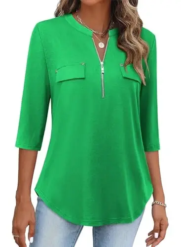 Bulotus Womens 3/4 Sleeve Tops Plus Size V Neck Zipper Business Casual Blouses for Office & Going Out Soft Knit Tunics, M-3XL - 1