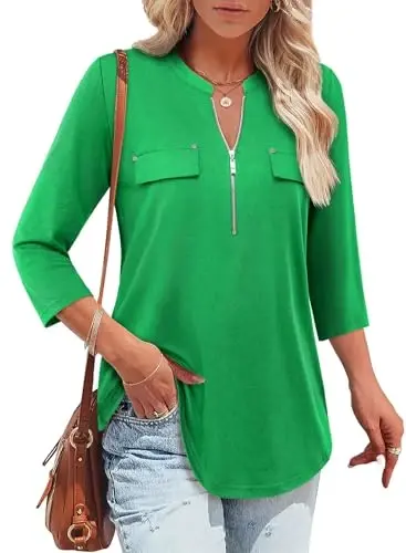 Bulotus Womens 3/4 Sleeve Tops Plus Size V Neck Zipper Business Casual Blouses for Office & Going Out Soft Knit Tunics, M-3XL - BULOTUS (1)