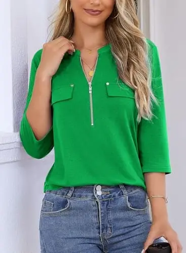Bulotus Womens 3/4 Sleeve Tops Plus Size V Neck Zipper Business Casual Blouses for Office & Going Out Soft Knit Tunics, M-3XL - 3