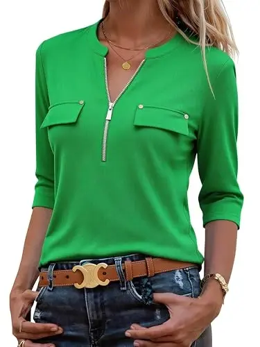 Bulotus Womens 3/4 Sleeve Tops Plus Size V Neck Zipper Business Casual Blouses for Office & Going Out Soft Knit Tunics, M-3XL - 4