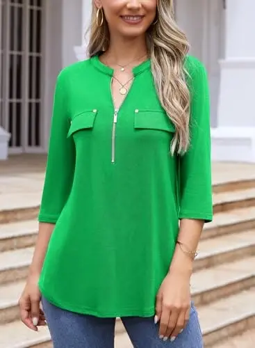 Bulotus Womens 3/4 Sleeve Tops Plus Size V Neck Zipper Business Casual Blouses for Office & Going Out Soft Knit Tunics, M-3XL - 6
