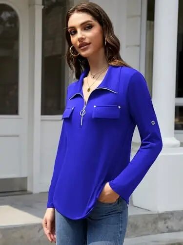 Bulotus Womens 3/4 Sleeve Tops Plus Size V Neck Zipper Business Casual Blouses for Office & Going Out Soft Knit Tunics, M-3XL - Bulotus (1)