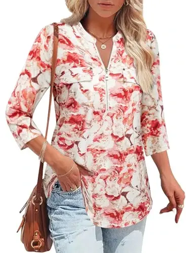 Bulotus Womens 3/4 Sleeve Tops Plus Size V Neck Zipper Business Casual Blouses for Office & Going Out Soft Knit Tunics, M-3XL - 1