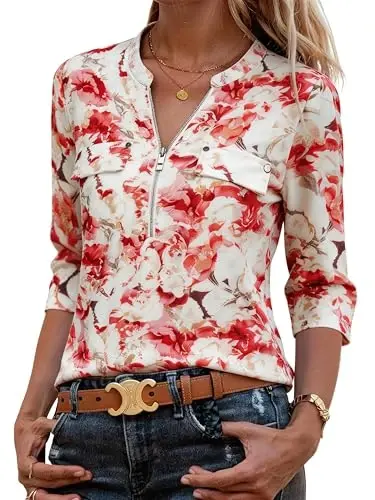 Bulotus Womens 3/4 Sleeve Tops Plus Size V Neck Zipper Business Casual Blouses for Office & Going Out Soft Knit Tunics, M-3XL - 2