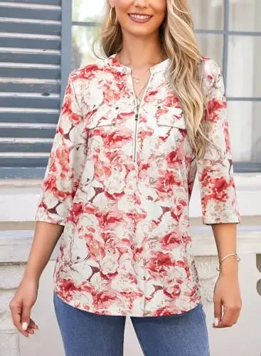 Bulotus Womens 3/4 Sleeve Tops Plus Size V Neck Zipper Business Casual Blouses for Office & Going Out Soft Knit Tunics, M-3XL - 3
