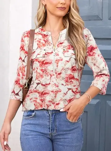 Bulotus Womens 3/4 Sleeve Tops Plus Size V Neck Zipper Business Casual Blouses for Office & Going Out Soft Knit Tunics, M-3XL - 4