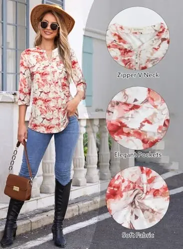Bulotus Womens 3/4 Sleeve Tops Plus Size V Neck Zipper Business Casual Blouses for Office & Going Out Soft Knit Tunics, M-3XL - 6