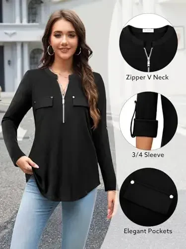 Bulotus Women's Zip Front V-Neck 3/4 Length Sleeve Womens Tops Business Casual Shirts - 5