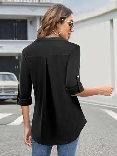 Bulotus Women's Zip Front V-Neck 3/4 Length Sleeve Womens Tops Business Casual Shirts - 4