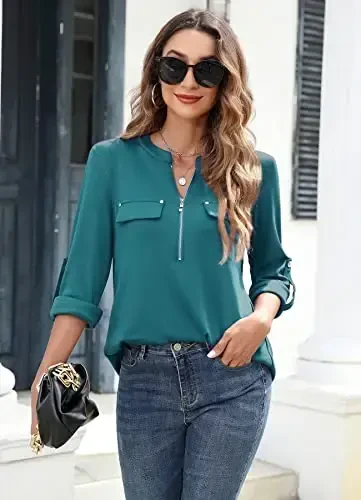 Bulotus Women's Zip Front V-Neck 3/4 Length Sleeve Womens Tops Business Casual Shirts - 3