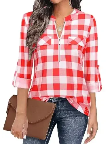 Bulotus Women's Zip Front V-Neck 3/4 Length Sleeve Womens Tops Business Casual Shirts - 1