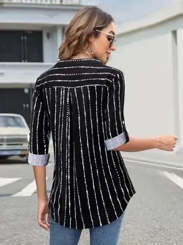 Bulotus Women's Zip Front V-Neck 3/4 Length Sleeve Womens Tops Business Casual Shirts - 5