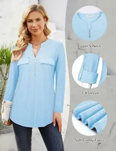 Bulotus Women's Zip Front V-Neck 3/4 Length Sleeve Womens Tops Business Casual Shirts - 5