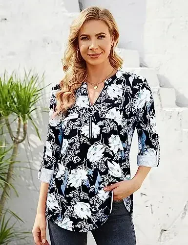 Bulotus Women's Zip Front V-Neck 3/4 Length Sleeve Womens Tops Business Casual Shirts - 2