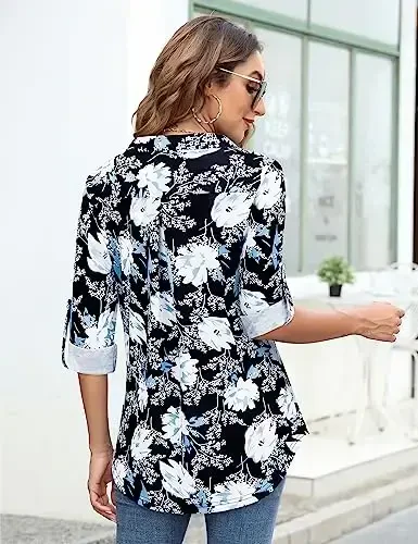 Bulotus Women's Zip Front V-Neck 3/4 Length Sleeve Womens Tops Business Casual Shirts - 5