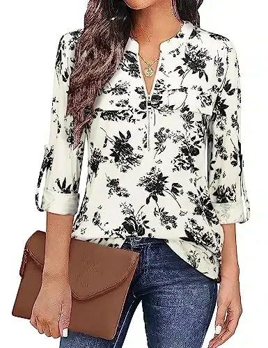 Bulotus Women's Zip Front V-Neck 3/4 Length Sleeve Womens Tops Business Casual Shirts 