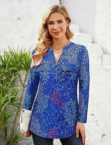 Bulotus Women's Zip Front V-Neck 3/4 Length Sleeve Womens Tops Business Casual Shirts - 4