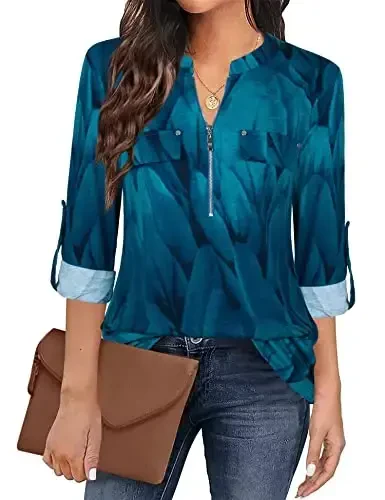 Bulotus Women's Zip Front V-Neck 3/4 Length Sleeve Womens Tops Business Casual Shirts - BULOTUS