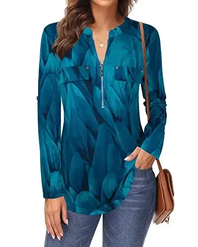 Bulotus Women's Zip Front V-Neck 3/4 Length Sleeve Womens Tops Business Casual Shirts - 3