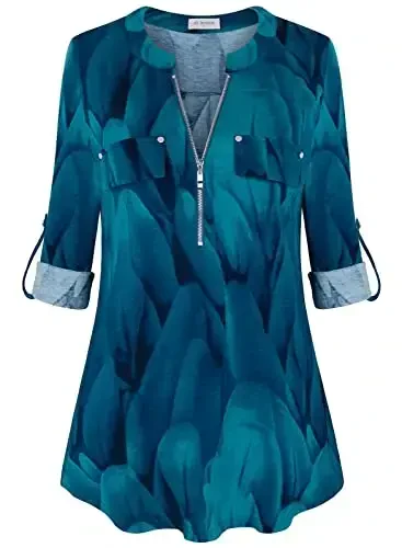 Bulotus Women's Zip Front V-Neck 3/4 Length Sleeve Womens Tops Business Casual Shirts - 5