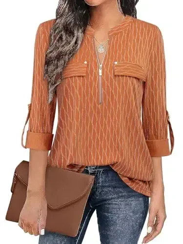 Bulotus Women's Zip Front V-Neck 3/4 Length Sleeve Womens Tops Business Casual Shirts - BULOTUS